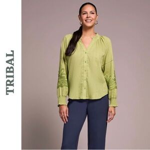 Tribal Wasabi Green Embroidered Cotton Blouse XS